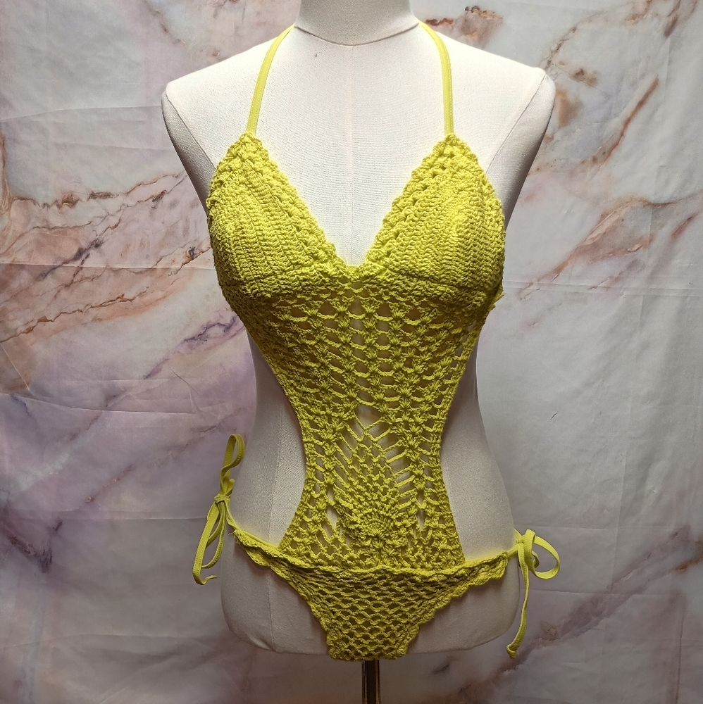 Missguided Yellow Crochet One Piece Swimsuit‎